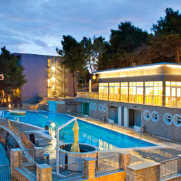 Evening view of a cozy outdoor pool area with warm lights and surrounding trees.