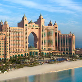 The Atlantis, The Palm hotel on Dubai's Palm Jumeirah island at sunset.
