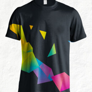Black t-shirt with vibrant geometric shapes in rainbow colors.