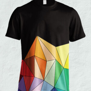 Black T-shirt with vibrant geometric rainbow design.