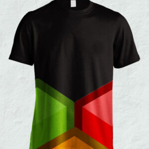 Black t-shirt with vibrant geometric patterns in green, red, and orange.