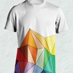 White t-shirt with vibrant geometric polygon design in rainbow colors on the bottom.
