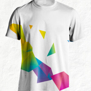 White t-shirt with colorful geometric shapes design.
