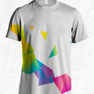 White t-shirt with colorful geometric shapes design.
