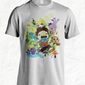 Colorful cartoon design of a boy and monkey on a white t-shirt.