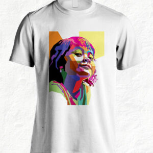 Colorful artistic portrait of a woman on a white T-shirt.