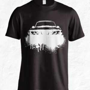 Black t-shirt with white sports car graphic design.