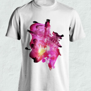 White T-shirt with vibrant pink and purple floral design and birds.