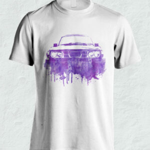 White T-shirt with a purple abstract car design dripping down.