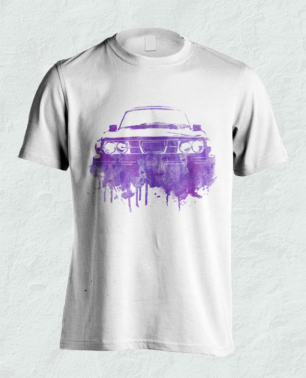 White T-shirt with a purple abstract car design dripping down.