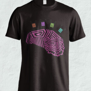 Black T-shirt with a colorful neon brain and circuit design.